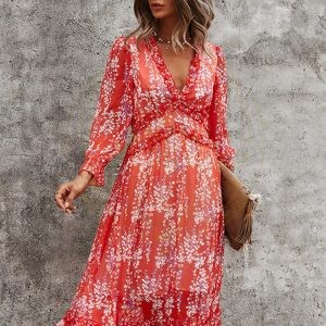 Robe mi-longue florale rouge