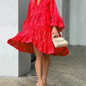 Robe Midi Broderie Bohème Rouge