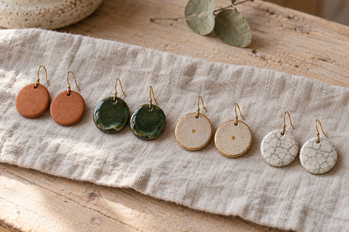 Quatre paires de boucles d'oreilles en céramique mate, émaillée, dorée et craquelée sur lin