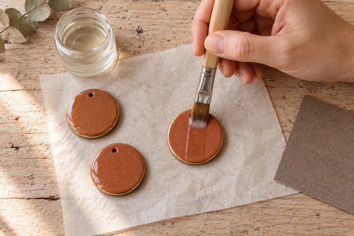 Main passant une couche fine de vernis sur un pendentif en argile terracotta