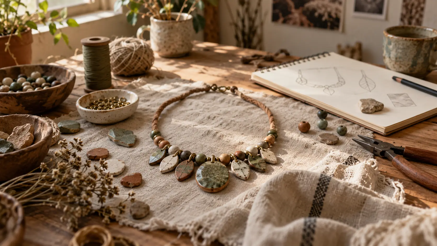 Accessoire bohème, composants et outils sur une table d’atelier