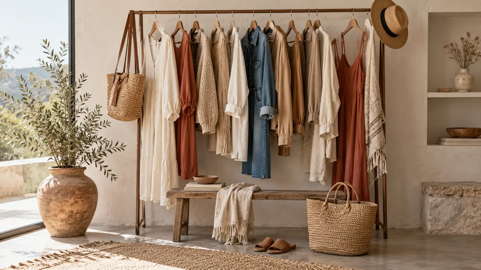 Vêtements bohèmes coordonnés en écru, brun, denim et terracotta