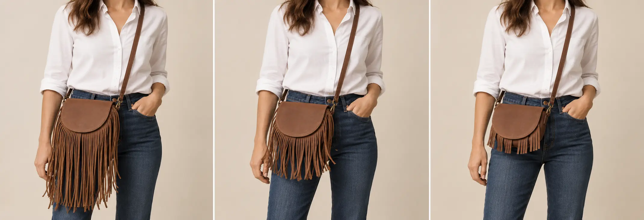 Comparaison de trois proportions de franges sur un même sac bohème porté à la hanche