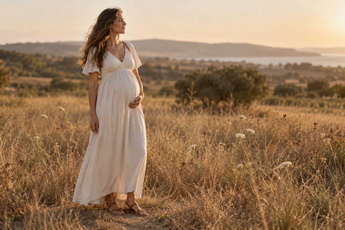 Femme enceinte en robe bohème longue coupe empire écrue dans un champ