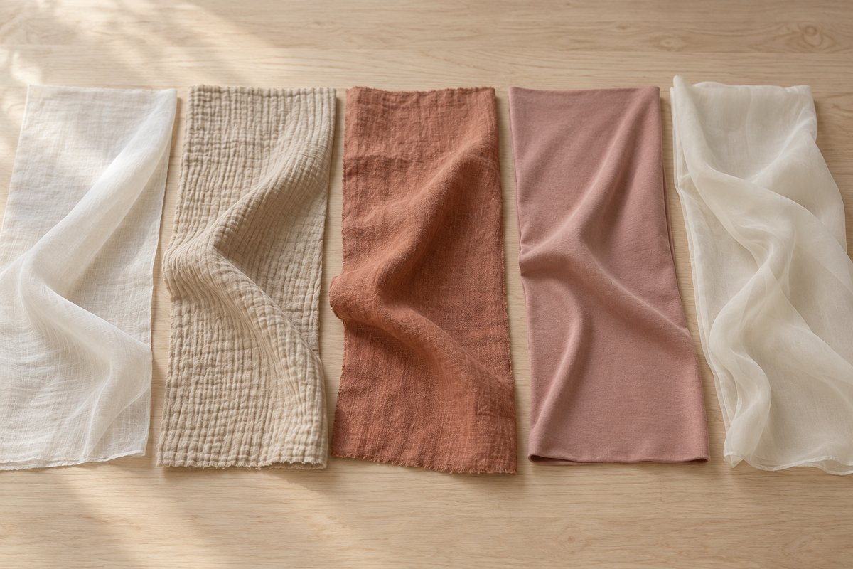 Cinq tissus de robe de grossesse drapés : voile, double gaze, lin, jersey, mousseline