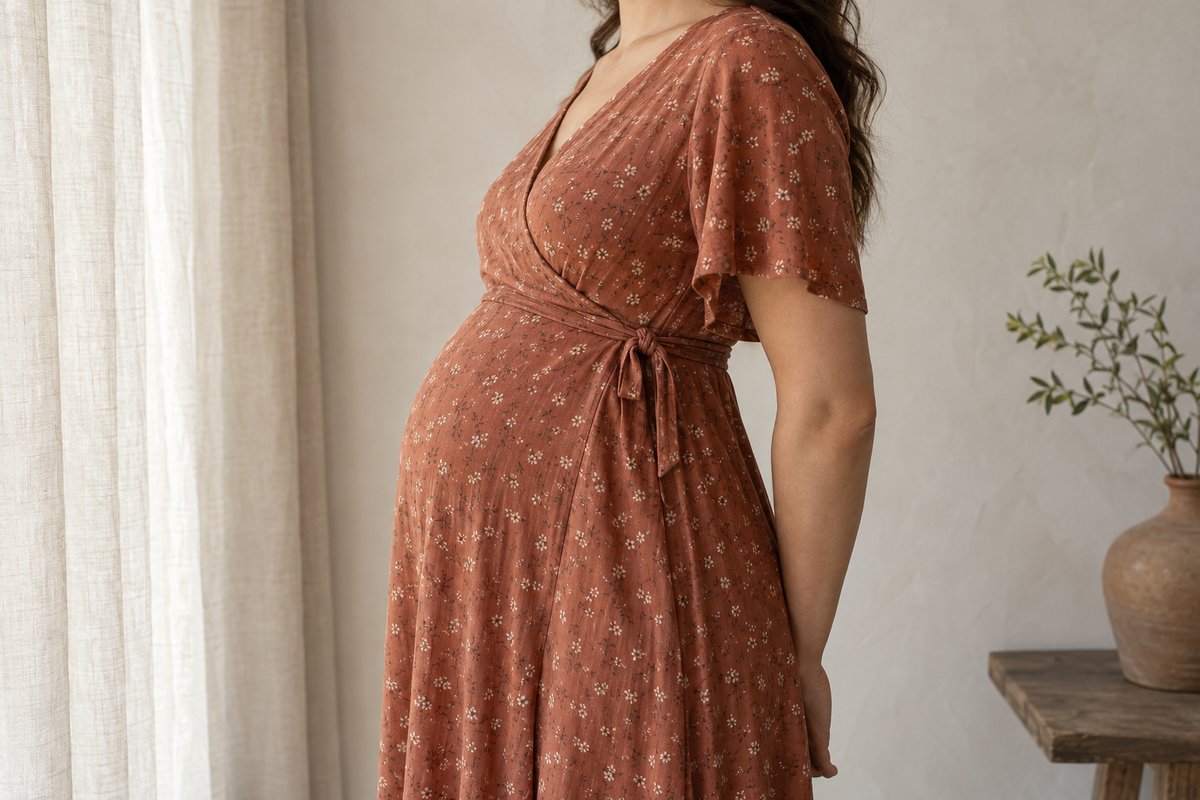 Profil d'une femme enceinte en robe portefeuille nouée sous la poitrine