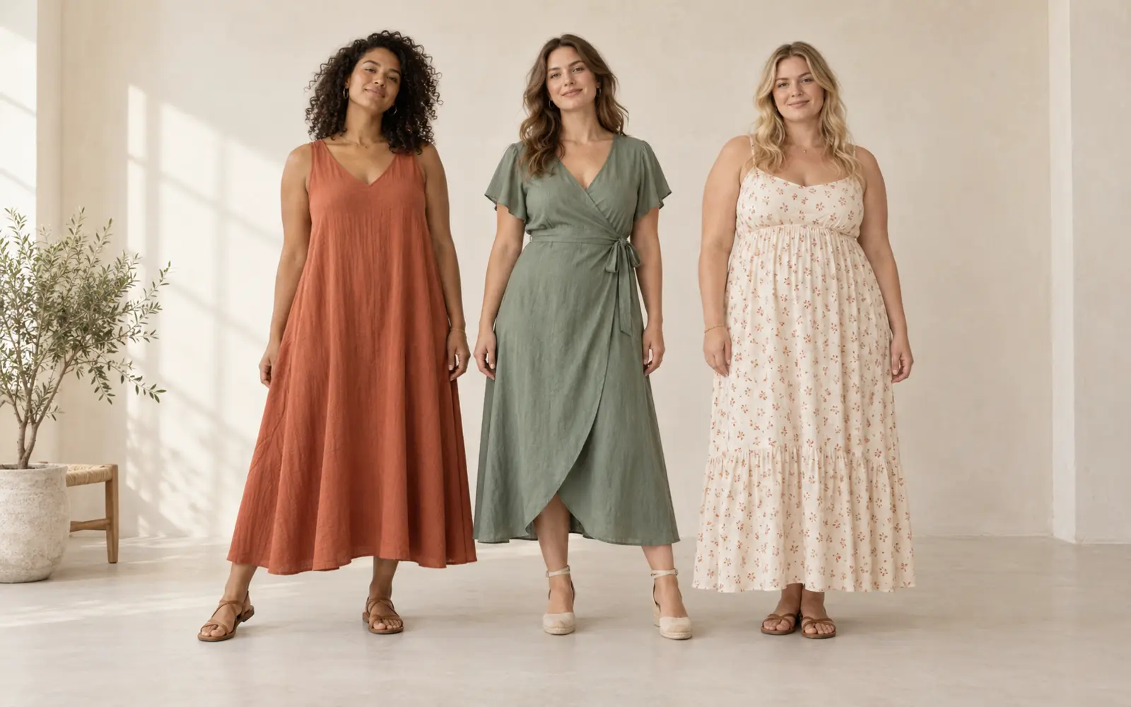 Trois femmes portant des robes bohèmes trapèze, portefeuille et empire